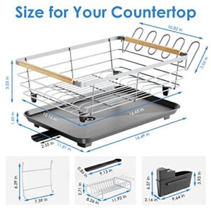 G-TING Dish Drying Rack, 2 Tier Detachable Dish Rack and Drainboard Set, Rust-Proof Drying Rack for Kitchen Counter, Large Capacity Dish Drainer with Utensils Holder and Cup Rack, Grey