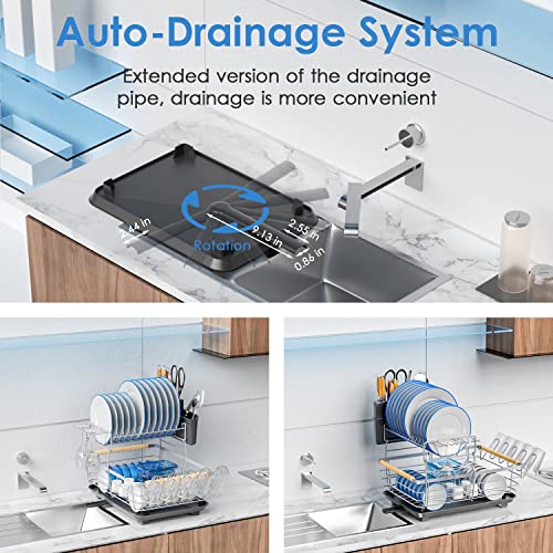 G-TING Dish Drying Rack, 2 Tier Detachable Dish Rack and Drainboard Set, Rust-Proof Drying Rack for Kitchen Counter, Large Capacity Dish Drainer with Utensils Holder and Cup Rack, Grey