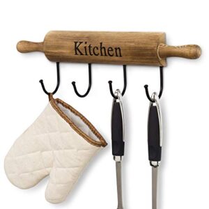 mygift rustic burnt brown wood kitchen hooks for hanging cooking utensils, coffee mugs and hand towels, decorative rolling pin design kitchen wall decor with 4 hooks