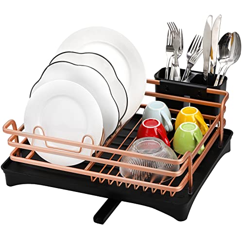 ZEAYEA Aluminum Dish Drying Rack, Rustproof Dish Rack and Drainboard with Adjustable Swivel Spout, Rose Gold Dish Rack with Removable Drainer Tray and Utensil Holder for Kitchen Counter