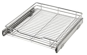 smart design pull out cabinet shelf – medium – smooth roll extendable sliding drawer – holds 100 lbs – steel metal wire – sink tray, kitchen organizer basket, pantry spice rack – 14.5 inch x 18-35 – chrome