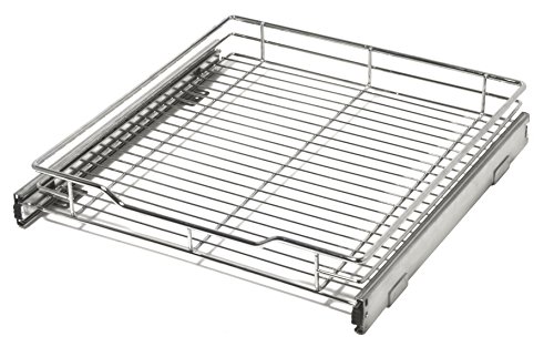 Smart Design Pull Out Cabinet Shelf - Medium - Smooth Roll Extendable Sliding Drawer - Holds 100 lbs - Steel Metal Wire - Sink Tray, Kitchen Organizer Basket, Pantry Spice Rack - 14.5 Inch x 18-35 - Chrome