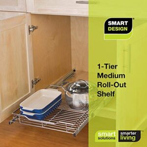 Smart Design Pull Out Cabinet Shelf - Medium - Smooth Roll Extendable Sliding Drawer - Holds 100 lbs - Steel Metal Wire - Sink Tray, Kitchen Organizer Basket, Pantry Spice Rack - 14.5 Inch x 18-35 - Chrome