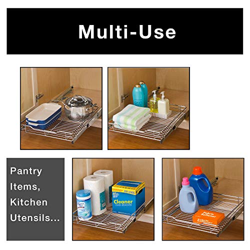 Smart Design Pull Out Cabinet Shelf - Medium - Smooth Roll Extendable Sliding Drawer - Holds 100 lbs - Steel Metal Wire - Sink Tray, Kitchen Organizer Basket, Pantry Spice Rack - 14.5 Inch x 18-35 - Chrome