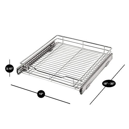 Smart Design Pull Out Cabinet Shelf - Medium - Smooth Roll Extendable Sliding Drawer - Holds 100 lbs - Steel Metal Wire - Sink Tray, Kitchen Organizer Basket, Pantry Spice Rack - 14.5 Inch x 18-35 - Chrome