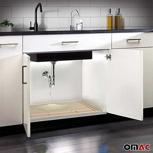 OMAC Under The Sink Mat, Trimmable, Waterproof, Raised Edge Cabinet Liner Protector for Kitchen and Bathroom, 34.64 by 22.44 inches, Beige