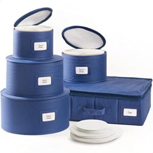 bulb & shade china storage containers, hard shell and stackable, for dinnerware storage and transport, protects dishes cups and mugs, felt plate dividers included (navy, 5 piece set)