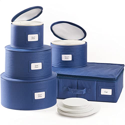 Bulb & Shade China Storage Containers, Hard Shell and Stackable, for Dinnerware Storage and Transport, Protects Dishes Cups and Mugs, Felt Plate Dividers Included (Navy, 5 Piece Set)