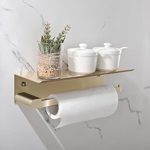 Paper Towel Holder Wall Mount for Kitchen, Self-Adhesive Paper Towel Holder with Shelf for Bathroom, Anti-Rust Aluminum, No Drill or Wall-Mounted with Screws (Gold)