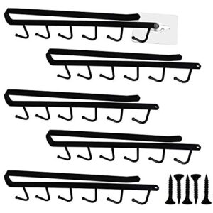 evadow 5pack 6-hook under cabinet mug hook, metal iron kitchen storage utensil hooks with free nails and screws, black wall organizer shelf rack for mugs, cups, teapot and kitchen utensils display