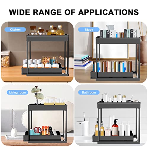 FGSAEOR 2-Tier Under Sink Organizer with Sliding Storage Drawer, Multi-Purpose Bathroom Cabinet Organizer Baskets, Kitchen Under Sink Storage Rack with 4 Hooks and Handle (Sliding-Black)