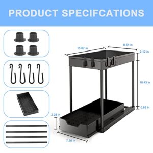 FGSAEOR 2-Tier Under Sink Organizer with Sliding Storage Drawer, Multi-Purpose Bathroom Cabinet Organizer Baskets, Kitchen Under Sink Storage Rack with 4 Hooks and Handle (Sliding-Black)