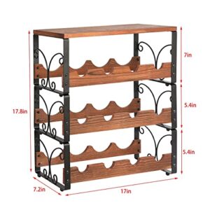 Countertop Wine Rack, 12 Bottle Wine Holder Stand for Table with Top Storage Shelf/Natural Solid Wood and Metal Structure, 3 Tier Stackable Wine Racks for Cabinet Home Kitchen Bar Hotel Restaurant