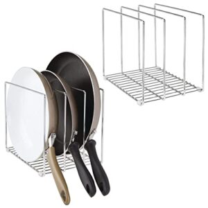 mdesign metal wire organizer rack for kitchen cabinet, pantry, shelves – organizer holder, 3 slots for skillets, frying pans, lids, cutting boards, vertical or horizontal placement, 2 pack – chrome