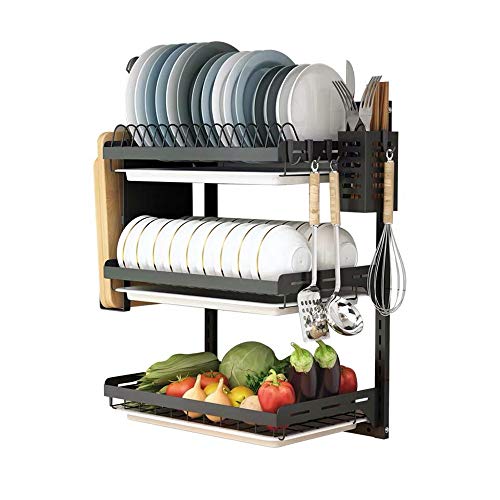 Ctystallove 3 Tier Black Stainless Steel Dish Drying Rack Fruit Vegetable Storage Basket with Drainboard and Hanging Chopsticks Cage Knife Holder Wall Mounted Kitchen Supplies Shelf Utensils Organizer