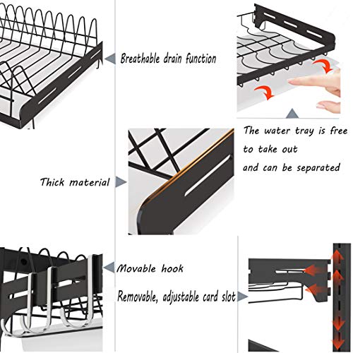 Ctystallove 3 Tier Black Stainless Steel Dish Drying Rack Fruit Vegetable Storage Basket with Drainboard and Hanging Chopsticks Cage Knife Holder Wall Mounted Kitchen Supplies Shelf Utensils Organizer