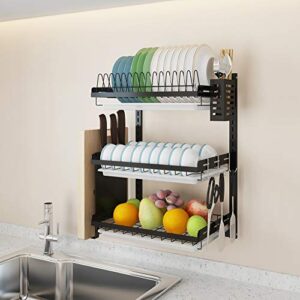 Ctystallove 3 Tier Black Stainless Steel Dish Drying Rack Fruit Vegetable Storage Basket with Drainboard and Hanging Chopsticks Cage Knife Holder Wall Mounted Kitchen Supplies Shelf Utensils Organizer