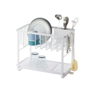 yamazaki home two-tier adjustable dish drainer rack, compact drying rack with hooks, utensils holder, steel, draining spout, water resistant, no assembly req.