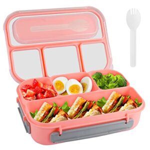 Bento Box Lunch Box, Bento Box Adult Lunch Box, Lunch Containers for Adults/Students, 5 Cup Bento Boxes with 4 Compartments&Fork, Leak-Proof, New and Upgraded Packaging, Pink