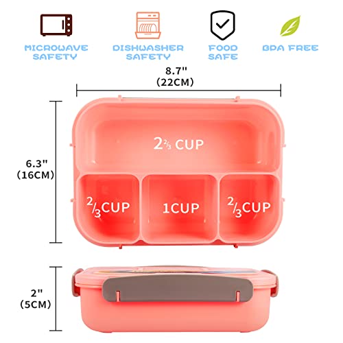 Bento Box Lunch Box, Bento Box Adult Lunch Box, Lunch Containers for Adults/Students, 5 Cup Bento Boxes with 4 Compartments&Fork, Leak-Proof, New and Upgraded Packaging, Pink