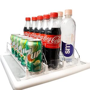 drink organizer for fridge, soda organizer for refrigerator, can dispenser, automatic pusher glide, pantry organization, holds up to 15 cans, spring loaded beverage storage