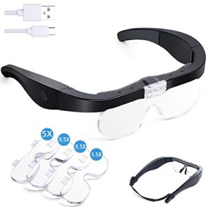 headband magnifier, rechargeable magnifying glasses with light hands free interchangeable magnification lenses 1.5x 2.5x 3.5x 5x for jewelry, crafts, cross stitch