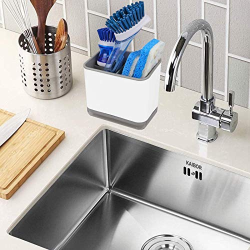 KeFanta Sink Counter Caddy, Dish Sponge Holder, Kitchen Sink Sponge and Brush Holder, Plastic Dish Scrubber Organizer with Drain Tray, White