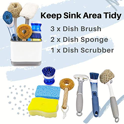 KeFanta Sink Counter Caddy, Dish Sponge Holder, Kitchen Sink Sponge and Brush Holder, Plastic Dish Scrubber Organizer with Drain Tray, White