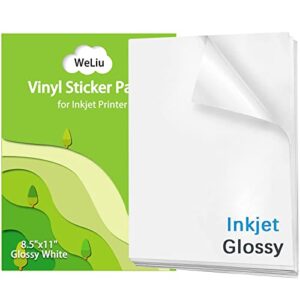 printable vinyl sticker paper for inkjet printer – glossy white – 21 waterproof decal paper self-adhesive sheets 8.5″x11″- dries quickly and holds ink beautifully
