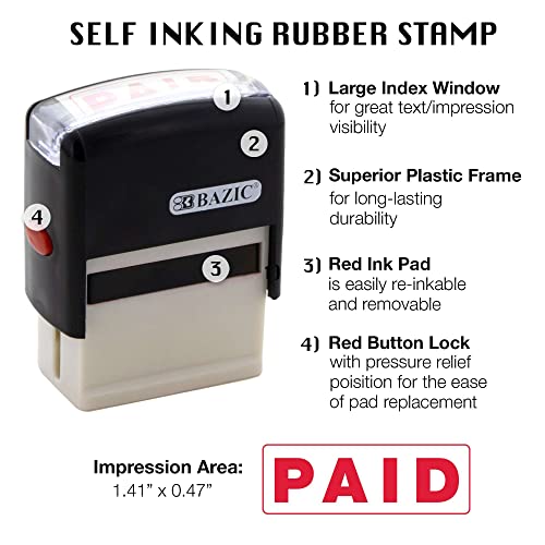 BAZIC Paid Self Inking Rubber Stamp (Red Ink), Stamp Impression Size 1.41" x 0.47", Great for Office, Shipping, Receiving, Accounting, Expiration, Due Dates, 1-Pack