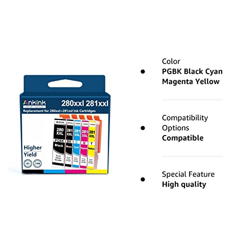 Ankink Compatible Ink Cartridges 280 281 XXL for Canon PGI-280XXL CLI-281XXL Combo 280 281XL PGBK for Pixma TR8520 TR8620 TR8600 TR8500 TR7520 TS6120 TS6220 TS9120 TS6320 TS8300 Printer (5-Pack)