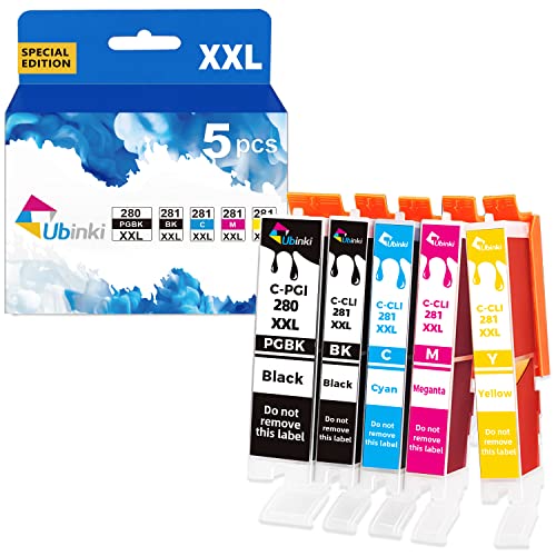 Ubinki Better-Ink Filled 280XXL 281XXL Combo Ink Cartridge for Canon 280 281 XL PGI-280XL CLI-281XL for PIXMA TR8520 TR8620 TR7520 TR8600 TR8500 TS6120 TS6220 TS9521C TS702 (5 Pack, No Photo Blue)