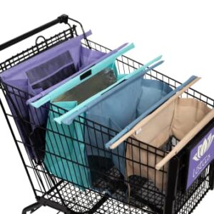 Lotus Trolley Bags -set of 4 -w/LRG COOLER Bag & Egg/Wine holder! Reusable Grocery Cart Bags sized for USA. Eco-friendly 4-Bag Grocery Tote. (Purple, Turquoise, Blue, Brown,)