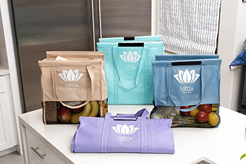 Lotus Trolley Bags -set of 4 -w/LRG COOLER Bag & Egg/Wine holder! Reusable Grocery Cart Bags sized for USA. Eco-friendly 4-Bag Grocery Tote. (Purple, Turquoise, Blue, Brown,)