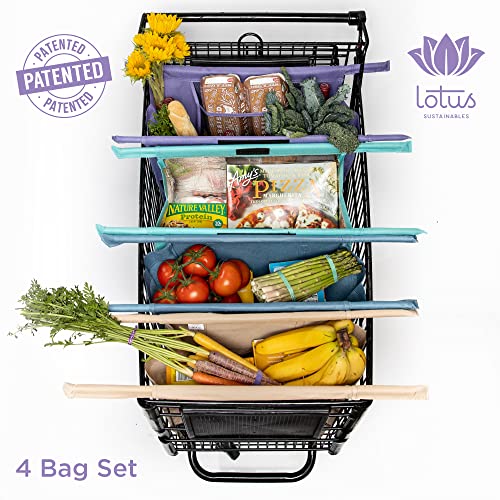 Lotus Trolley Bags -set of 4 -w/LRG COOLER Bag & Egg/Wine holder! Reusable Grocery Cart Bags sized for USA. Eco-friendly 4-Bag Grocery Tote. (Purple, Turquoise, Blue, Brown,)