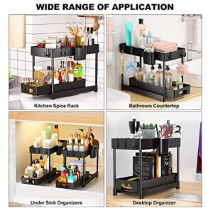 Under Sink Organizers and Storage, 2 Pack Multi-purpose Under Sink Organizer with Sliding Storage Drawer with 8 Hooks and 2 Hanging Cups, 2 Tier Under Sink Storage for Cabinet Bathroom Kitchen, Black