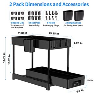 Under Sink Organizers and Storage, 2 Pack Multi-purpose Under Sink Organizer with Sliding Storage Drawer with 8 Hooks and 2 Hanging Cups, 2 Tier Under Sink Storage for Cabinet Bathroom Kitchen, Black