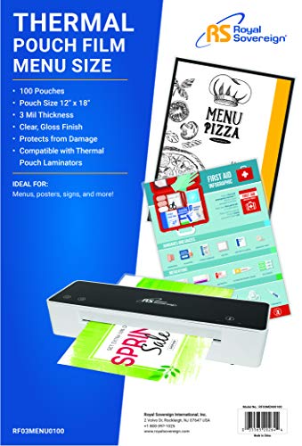 Royal Sovereign 3 Mil Thermal Laminating Pouches, 100 Pack, Menu Size, 18" x 12" x 0.6" Inches, Clear Gloss (RF03MENU0100)