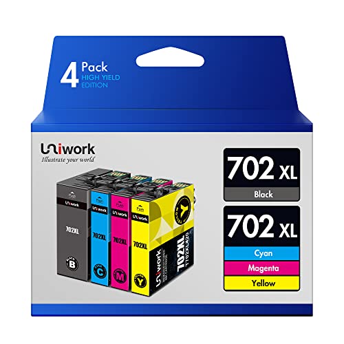 702XL 702 XL 702 Ink Cartridges - Uniwork Remanufactured Ink High Yield Replacement for Epson 702XL 702 702 XL T702XL use with Pro WF-3720 WF-3730 WF-3733 Printer (1 Black 1 Cyan 1 Magenta 1 Yellow)