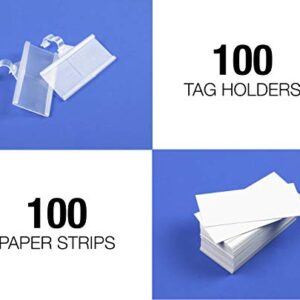 Pack of 100 – Plastic Wire Shelf Label Holder, Sign and Ticket Holder, Easy Clip Design with Tight Snap Lock Closure. Height, 1-1/4" X Width, 3" | 100 Label Inserts Included