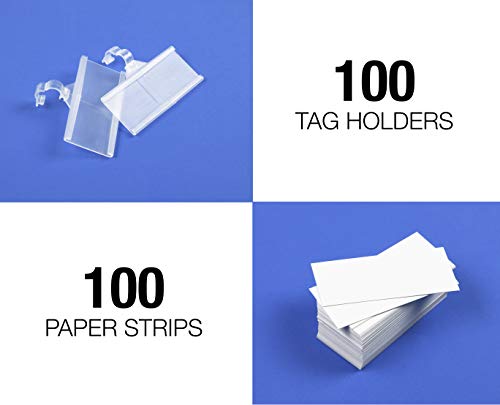 Pack of 100 – Plastic Wire Shelf Label Holder, Sign and Ticket Holder, Easy Clip Design with Tight Snap Lock Closure. Height, 1-1/4" X Width, 3" | 100 Label Inserts Included