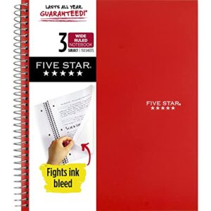 five star spiral notebook, 3-subject, wide ruled paper, 10-1/2″ x 8″, 150 sheets, red (72029)