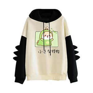 womens teen girls cute dino hoodie pullover novelty printed hooded sweatshirt long sleeve tops graphic animal sweater funny kawaii fairy core fairycore aesthetic oversized cat dinosaur with