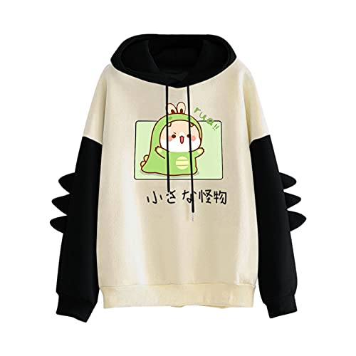 Womens Teen Girls Cute Dino Hoodie Pullover Novelty Printed Hooded Sweatshirt Long Sleeve Tops Graphic Animal Sweater Funny Kawaii Fairy Core Fairycore Aesthetic Oversized Cat Dinosaur with