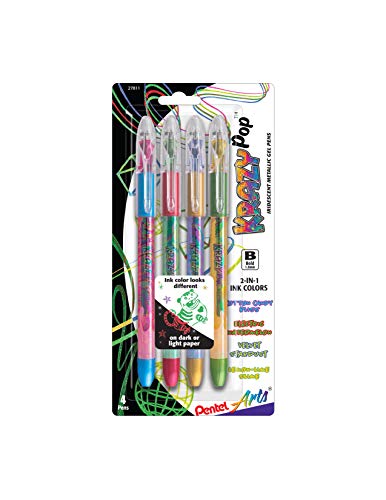 Pentel Arts Krazy Pop Iridescent Gel Pen, (1.0mm) Bold Line, Assorted Ink (Xc/BD/CP/DG), 4-PK (K91PABP4M3)