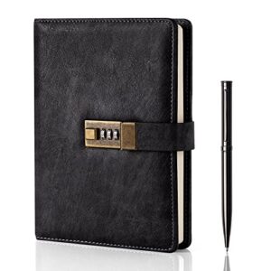 WEMATE Diary with Lock, A5 PU Leather Journal with Lock 240 Pages, Vintage Lock Journal Password Protected Notebook with Pen & Gift Box, Lock Diary Planner Organizer for Men and Women, 8.6x5.8in