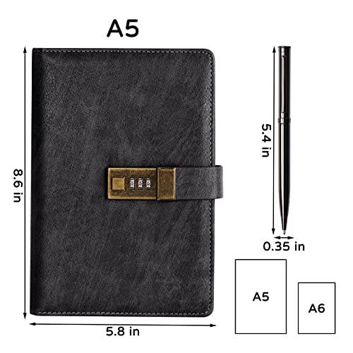 WEMATE Diary with Lock, A5 PU Leather Journal with Lock 240 Pages, Vintage Lock Journal Password Protected Notebook with Pen & Gift Box, Lock Diary Planner Organizer for Men and Women, 8.6x5.8in