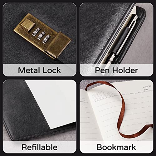 WEMATE Diary with Lock, A5 PU Leather Journal with Lock 240 Pages, Vintage Lock Journal Password Protected Notebook with Pen & Gift Box, Lock Diary Planner Organizer for Men and Women, 8.6x5.8in