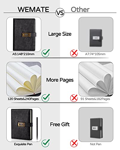 WEMATE Diary with Lock, A5 PU Leather Journal with Lock 240 Pages, Vintage Lock Journal Password Protected Notebook with Pen & Gift Box, Lock Diary Planner Organizer for Men and Women, 8.6x5.8in