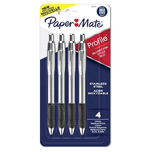 Paper Mate Profile Ballpoint Pens, Retractable Pen with Stainless Steel Barrel, 1.0 mm, Black Ink, 4 Count